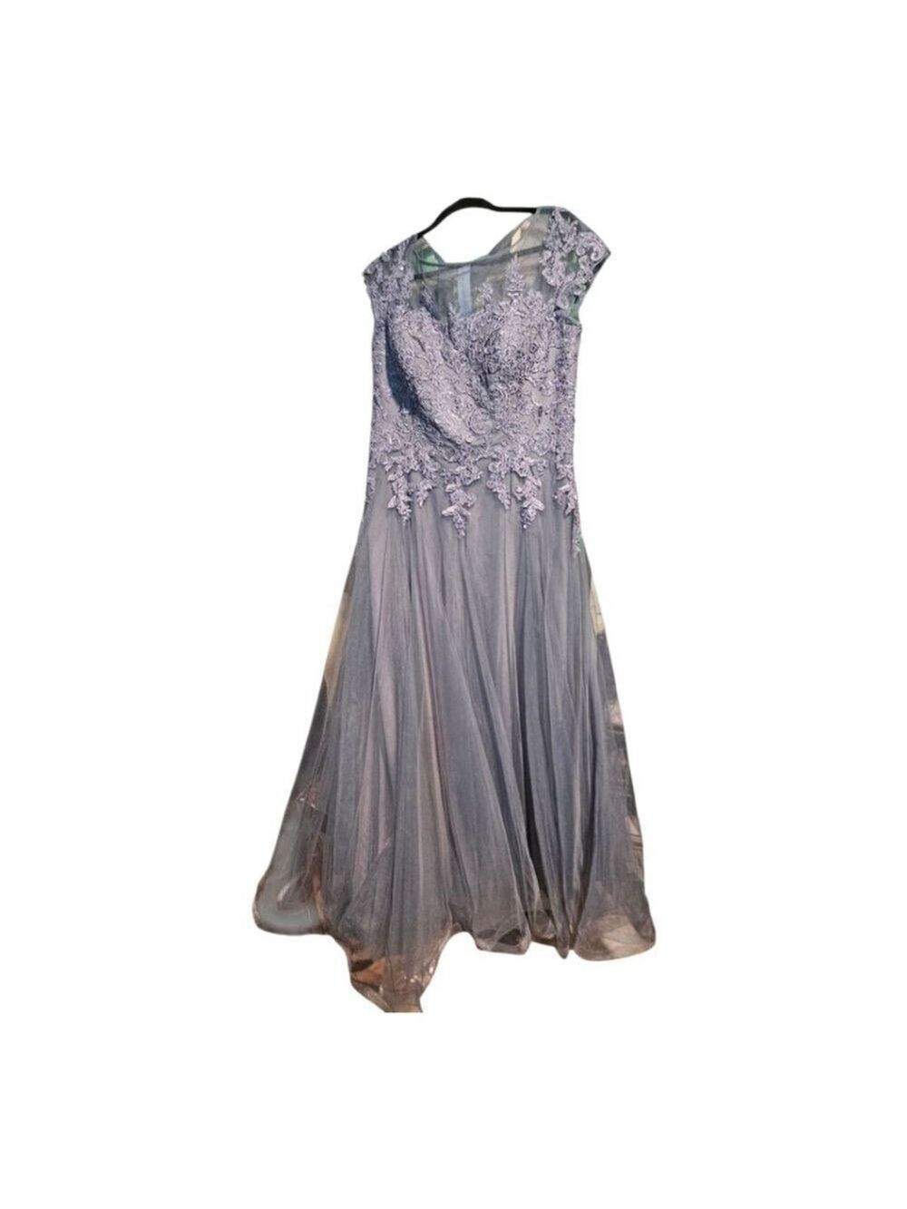 La Femme Grey Green Embellished Tulle Maxi Dress Size 14 - Picture 7 of 9